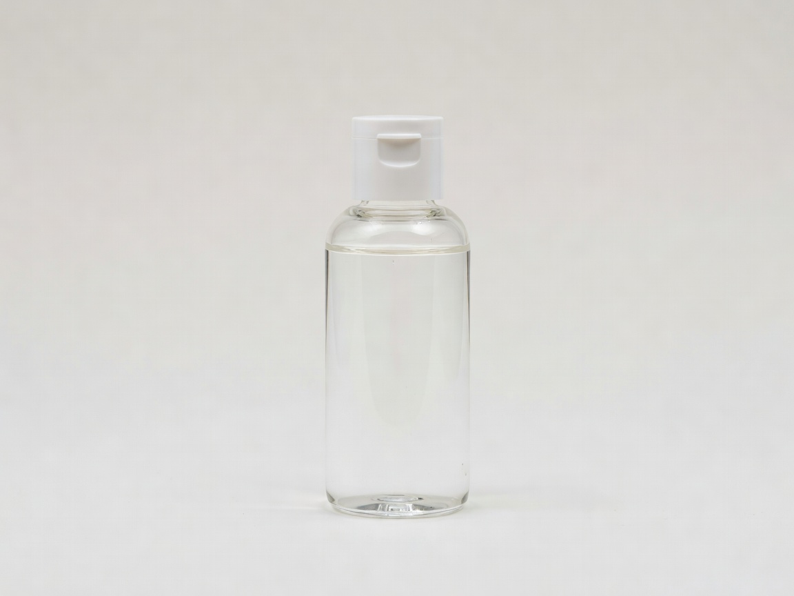 Clear liquid exfoliant bottle with a flip cap on a plain light background