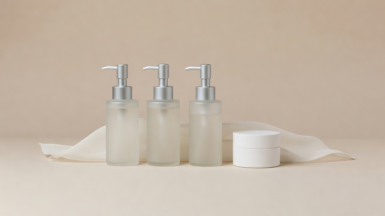 Three facial cleanser bottles and a balm jar lined up on a plain beige surface