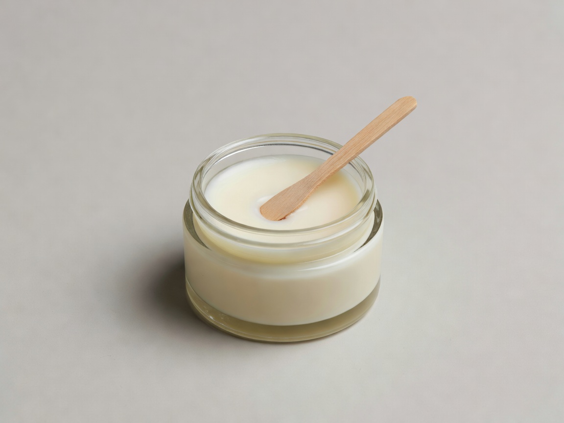 Open jar of solid cleansing balm with a small spatula on a neutral background