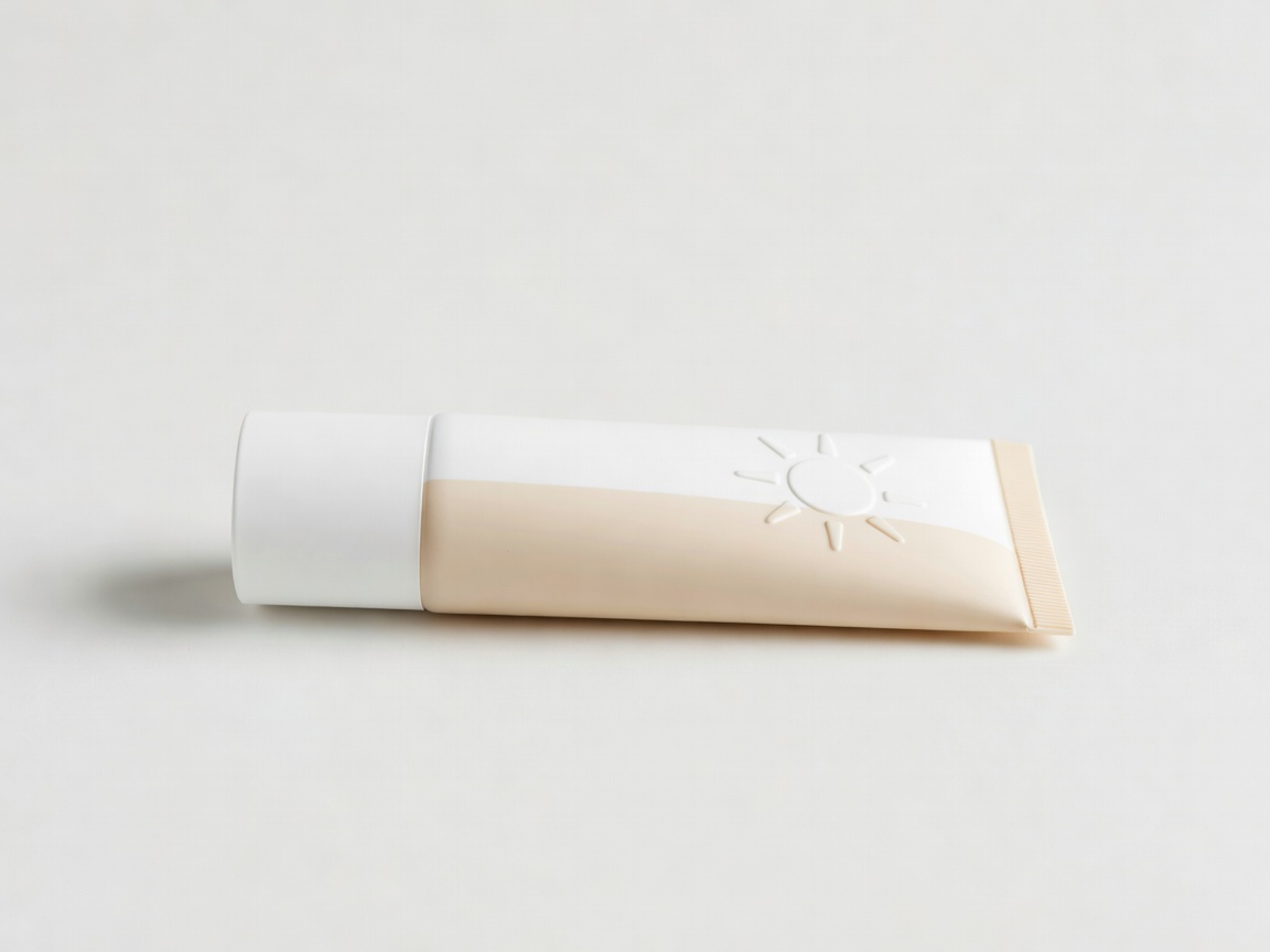 White and beige sunscreen tube on a plain pale background