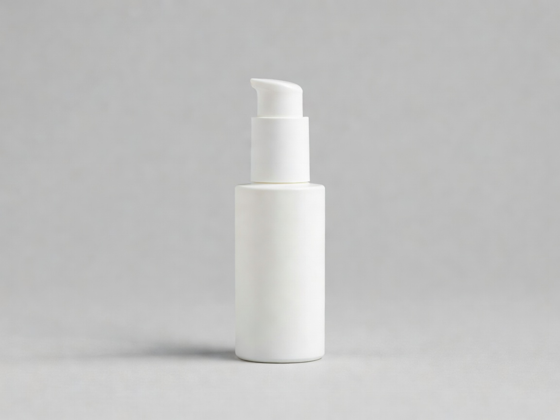 Opaque white pump bottle of retinol serum on a soft grey backdrop