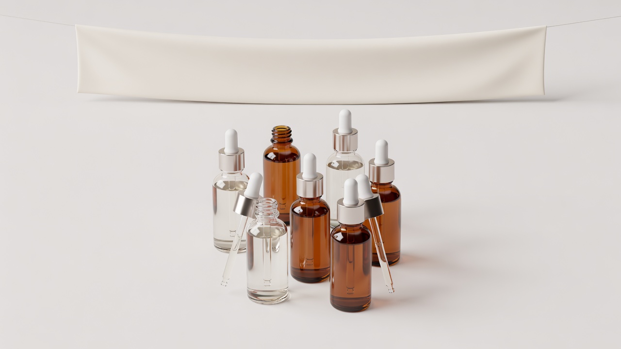 Several glass dropper serum bottles in clear and amber glass on a plain pale backdrop