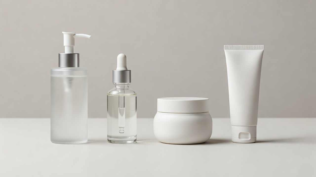Cleanser, serum dropper, moisturiser jar and sunscreen tube arranged in a line on a plain background