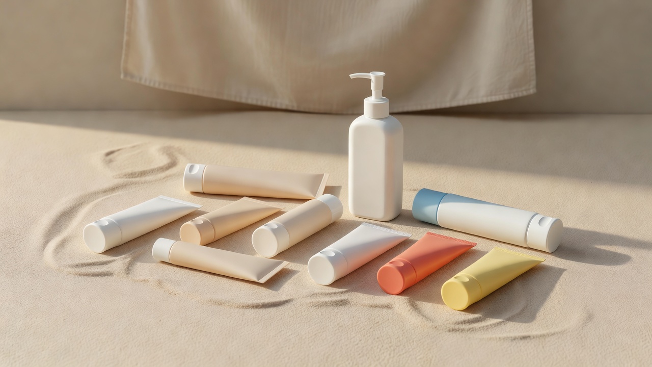Assorted sunscreen tubes and a pump bottle arranged on a plain sand-coloured surface