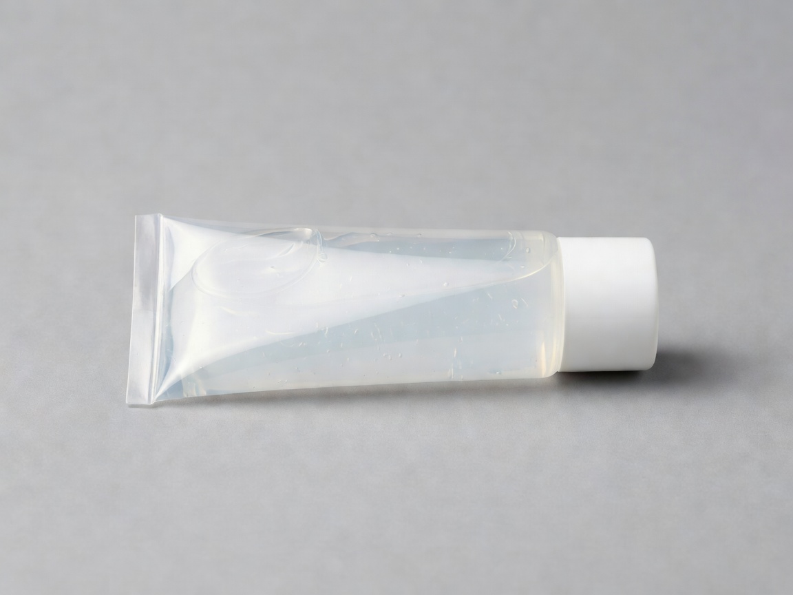 Clear gel sunscreen tube with a squeeze cap on a soft grey background